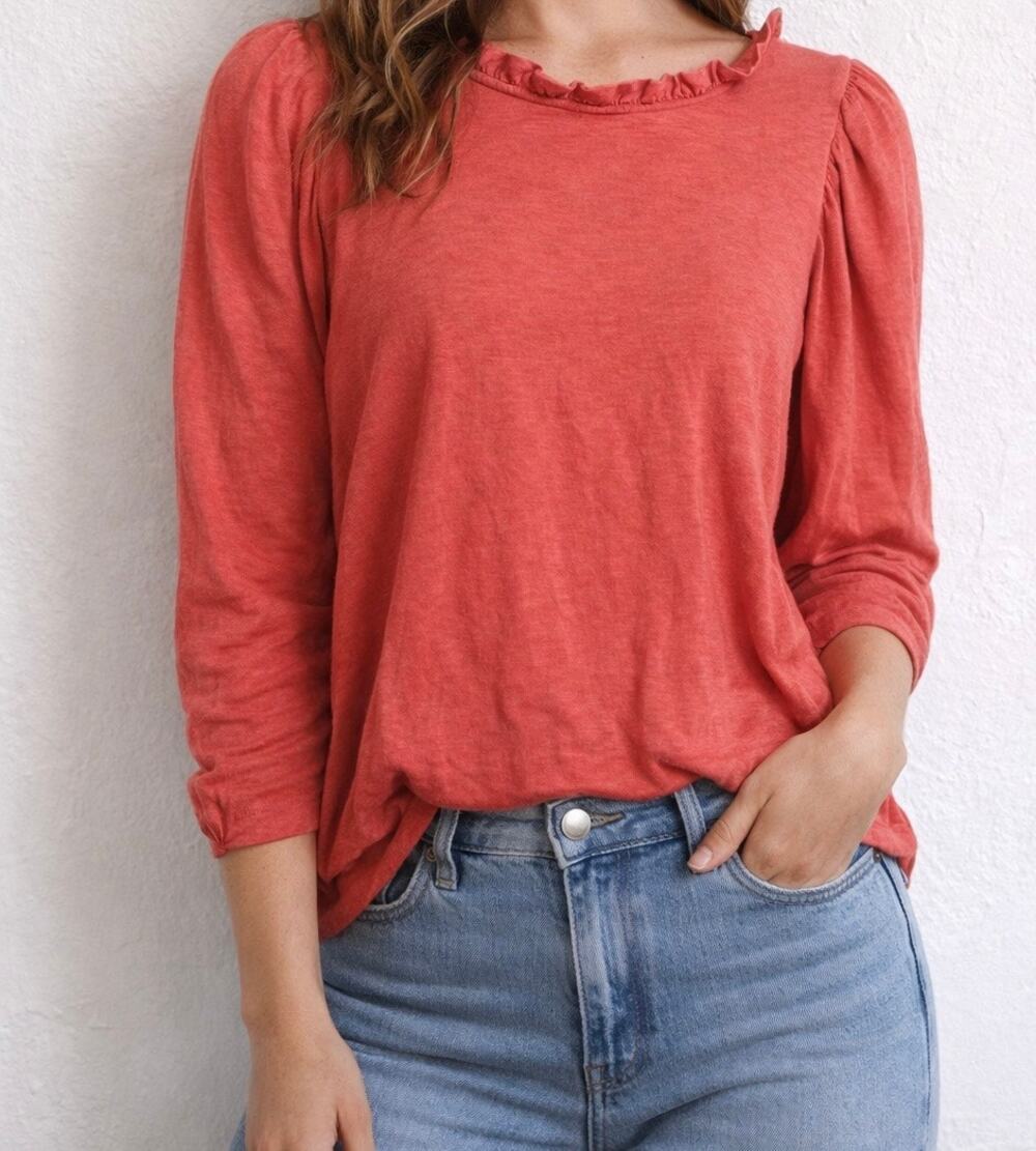 Sundry Coral Ruffle Neck Long Sleeve Top Size 1 Small Puff Sleeve Made in USA